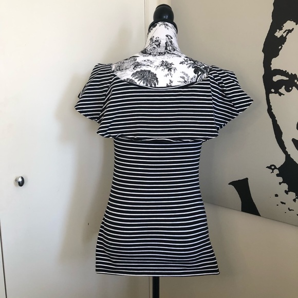 SEED Black/White Stripe Ruffle Off Shoulder Top Casual Cotton Stretch Size S - Picture 9 of 13